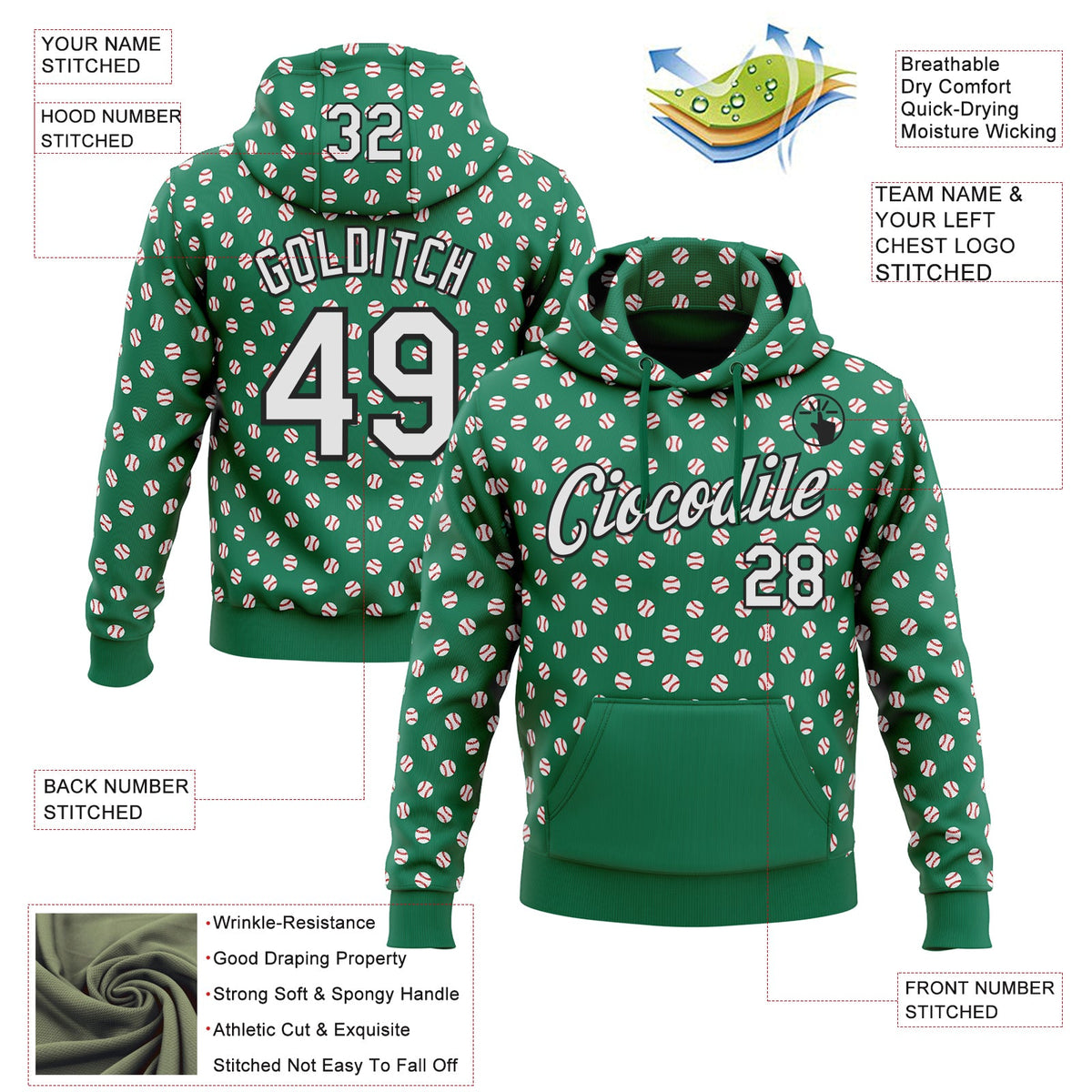 Custom Stitched Kelly Green White-Black 3D Pattern Design Baseball Game Day New York Inspired Sports Pullover Sweatshirt Hoodie