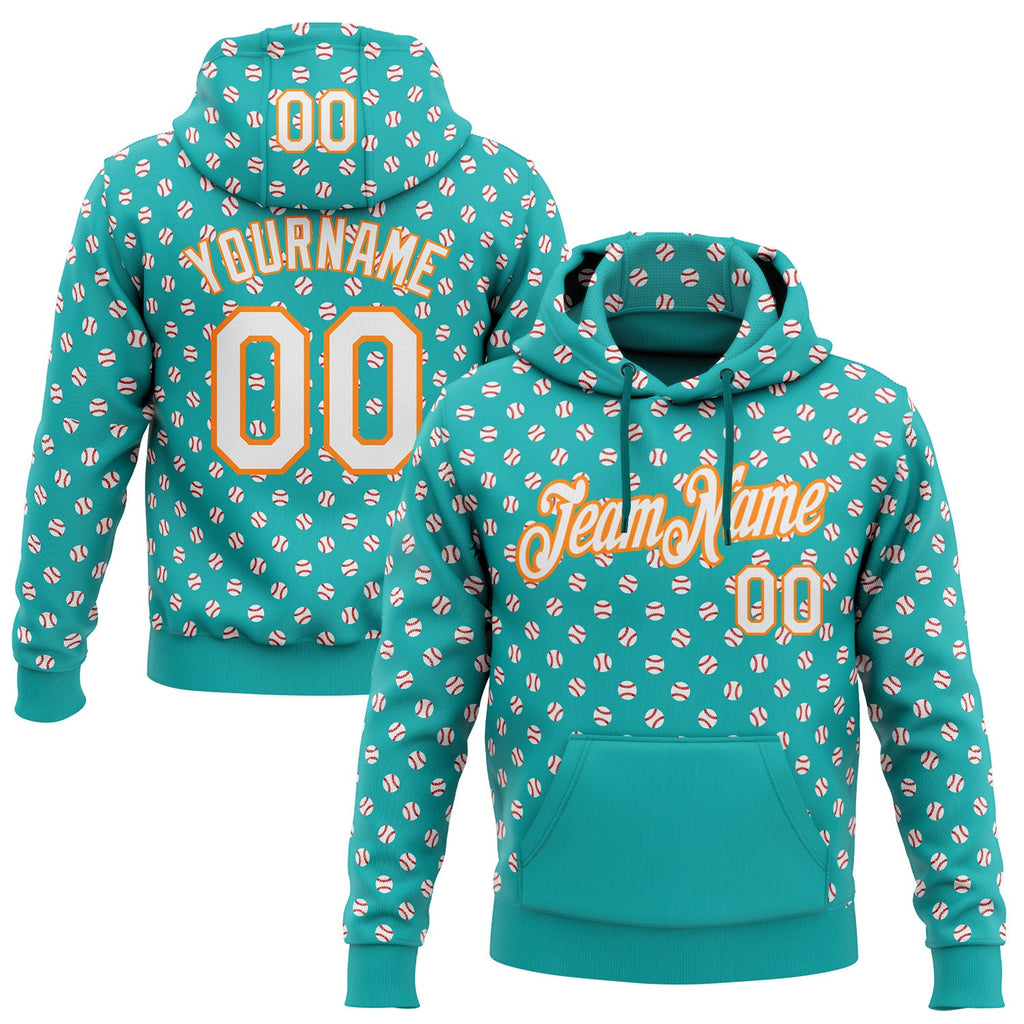 Custom Stitched Aqua White-Bay Orange 3D Pattern Design Baseball Game Day Miami Inspired Sports Pullover Sweatshirt Hoodie