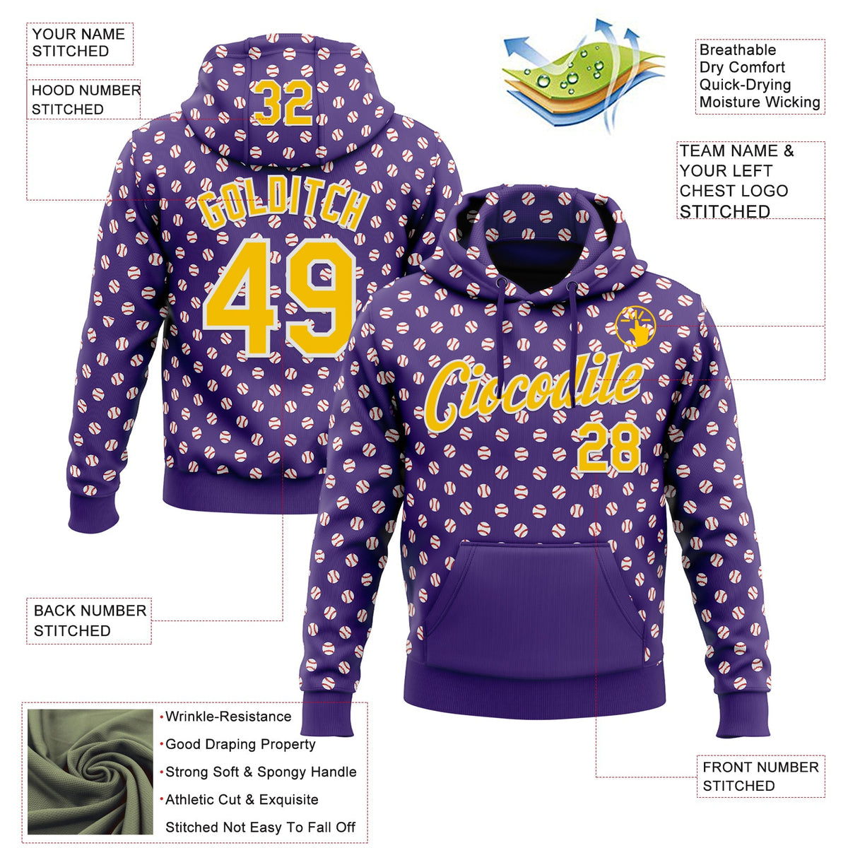 Custom Stitched Purple Yellow-White 3D Pattern Design Baseball Game Day Minnesota Inspired Sports Pullover Sweatshirt Hoodie