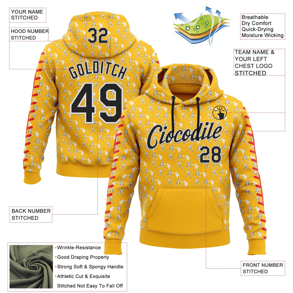 Custom Stitched Gold Black Red-White 3D Pattern Design Baseball Game Day Pittsburgh Inspired Sports Pullover Sweatshirt Hoodie