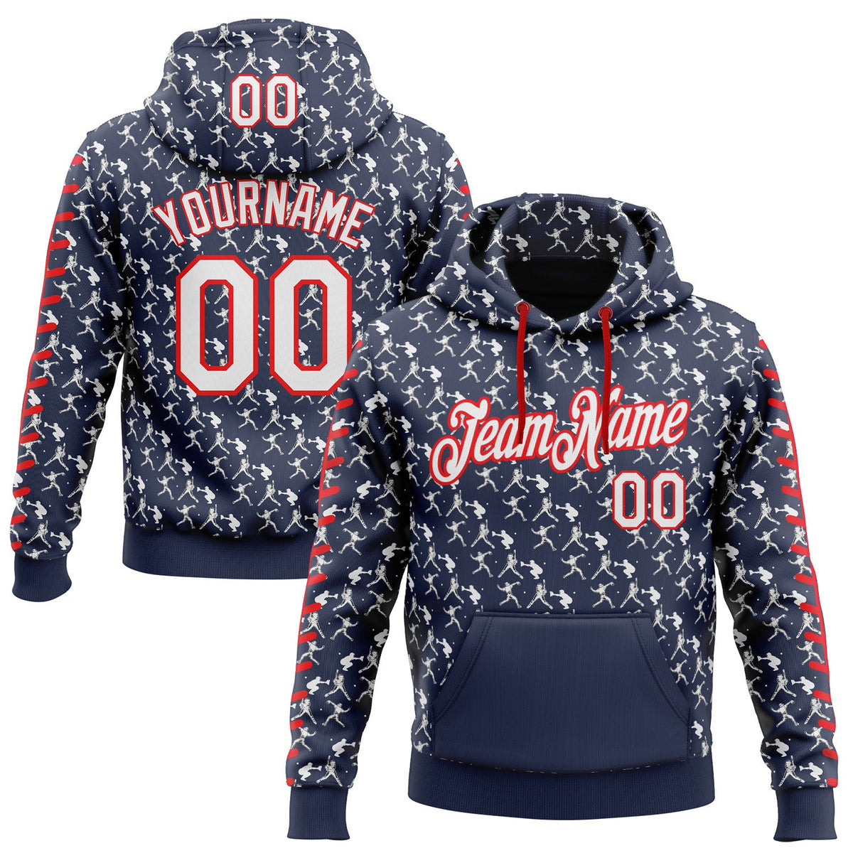 Custom Stitched Navy White-Fire Red 3D Pattern Design Baseball Game Day New England Inspired Sports Pullover Sweatshirt Hoodie