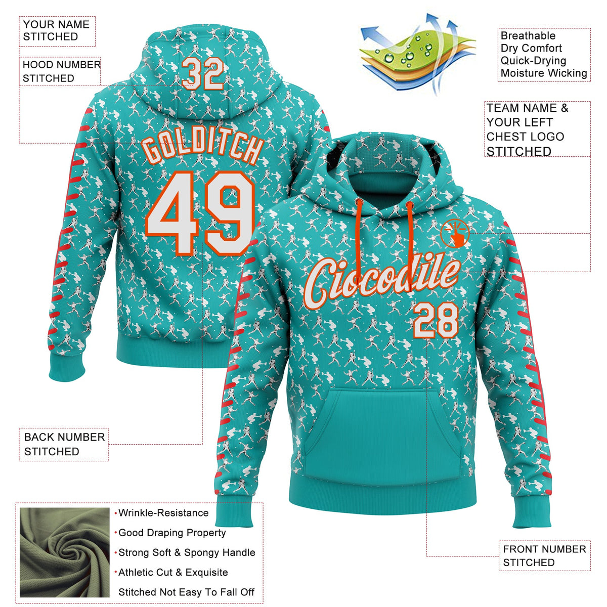 Custom Stitched Aqua White Red-Orange 3D Pattern Design Baseball Game Day Miami Inspired Sports Pullover Sweatshirt Hoodie