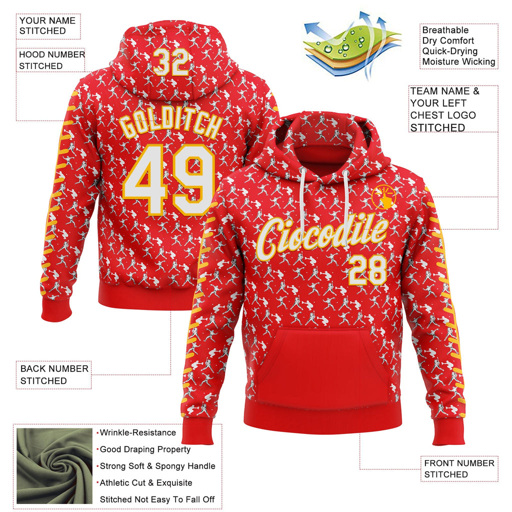 Custom Stitched Fire Red White-Gold 3D Pattern Design Baseball Game Day Kansas Inspired Sports Pullover Sweatshirt Hoodie