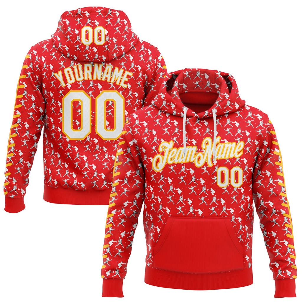Custom Stitched Fire Red White-Gold 3D Pattern Design Baseball Game Day Kansas Inspired Sports Pullover Sweatshirt Hoodie