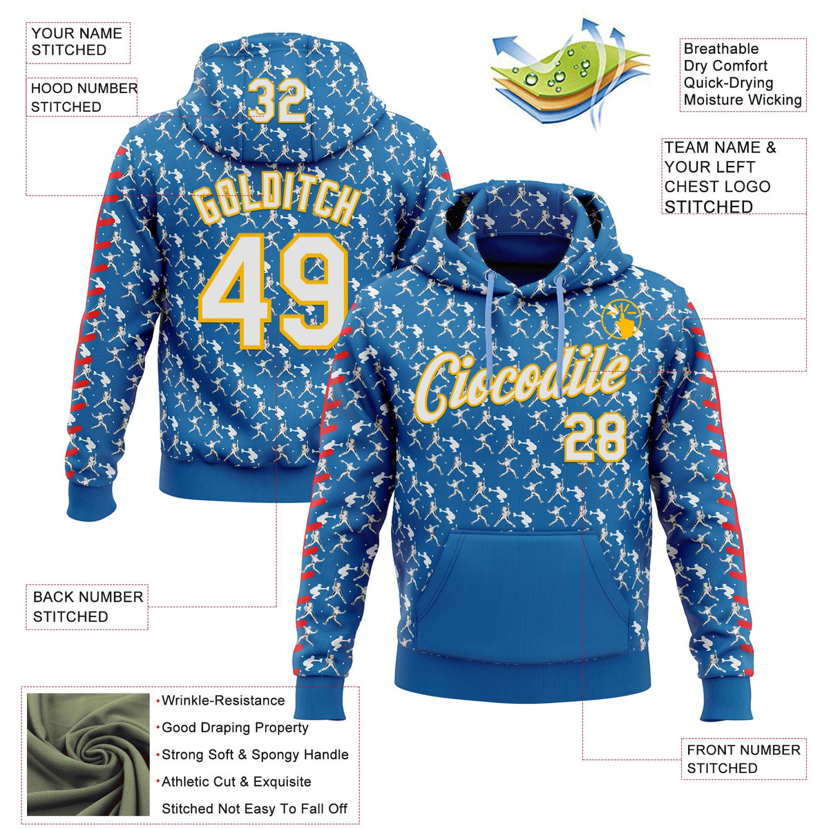 Custom Stitched Blue White Red-Gold 3D Pattern Design Baseball Game Day Los Angeles Inspired Sports Pullover Sweatshirt Hoodie