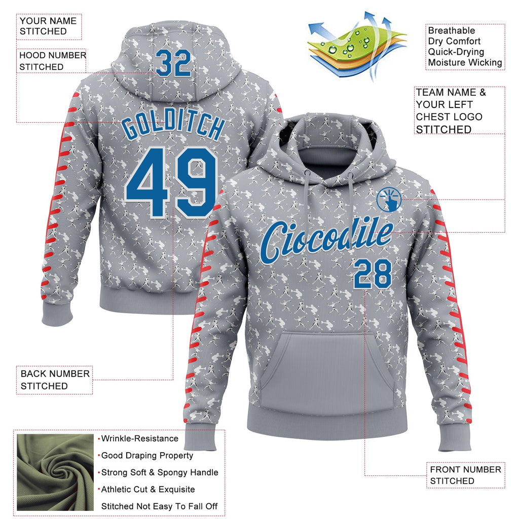Custom Stitched Gray Blue Red-White 3D Pattern Design Baseball Game Day Detroit Inspired Sports Pullover Sweatshirt Hoodie