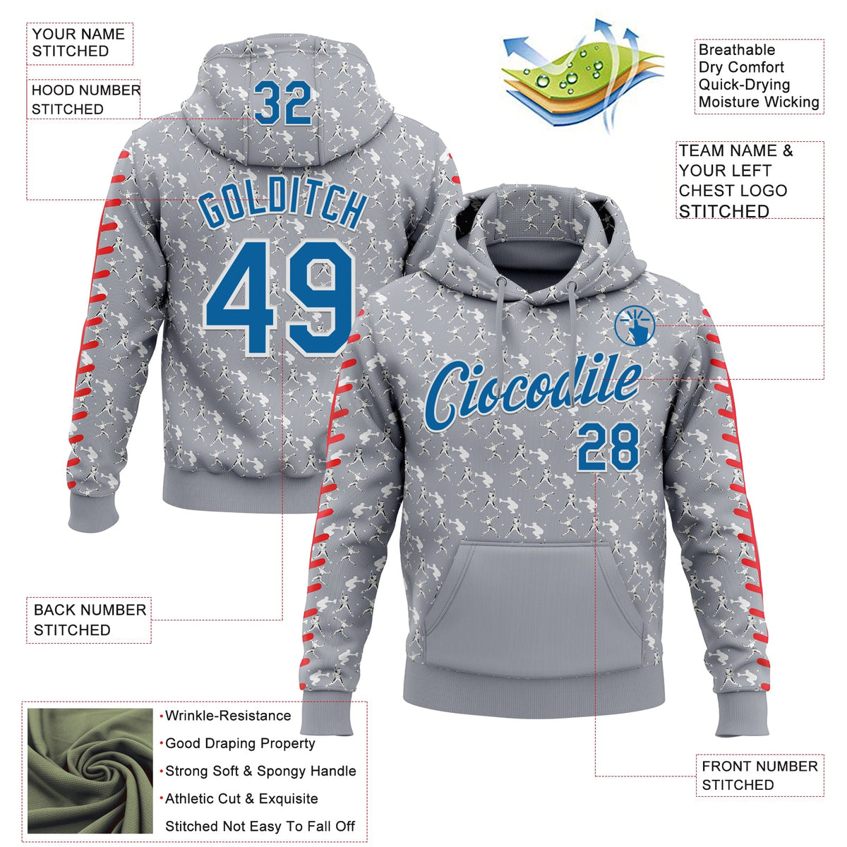 Custom Stitched Gray Blue Red-White 3D Pattern Design Baseball Game Day Detroit Inspired Sports Pullover Sweatshirt Hoodie