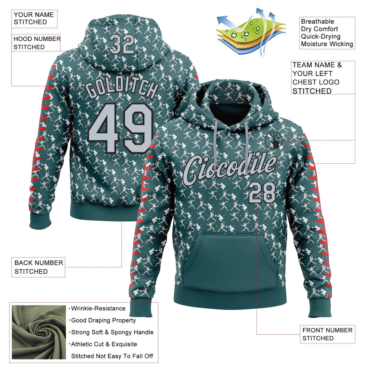 Custom Stitched Midnight Green Silver Red Black-White 3D Pattern Design Baseball Game Day Philadelphia Inspired Sports Pullover Sweatshirt Hoodie