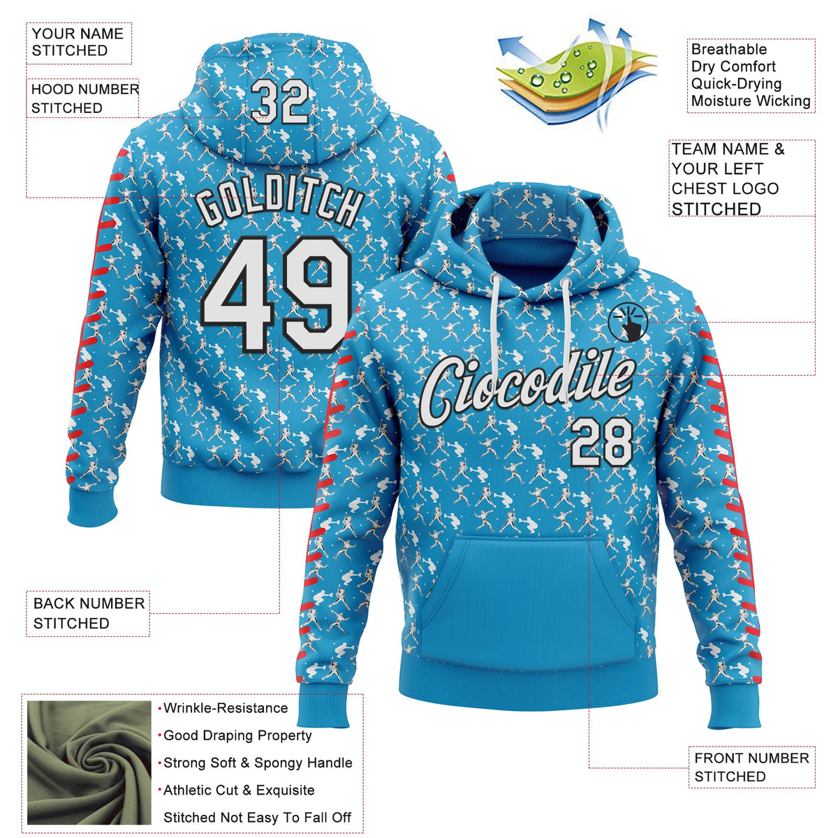 Custom Stitched Panther Blue White Red-Black 3D Pattern Design Baseball Game Day Carolina Inspired Sports Pullover Sweatshirt Hoodie