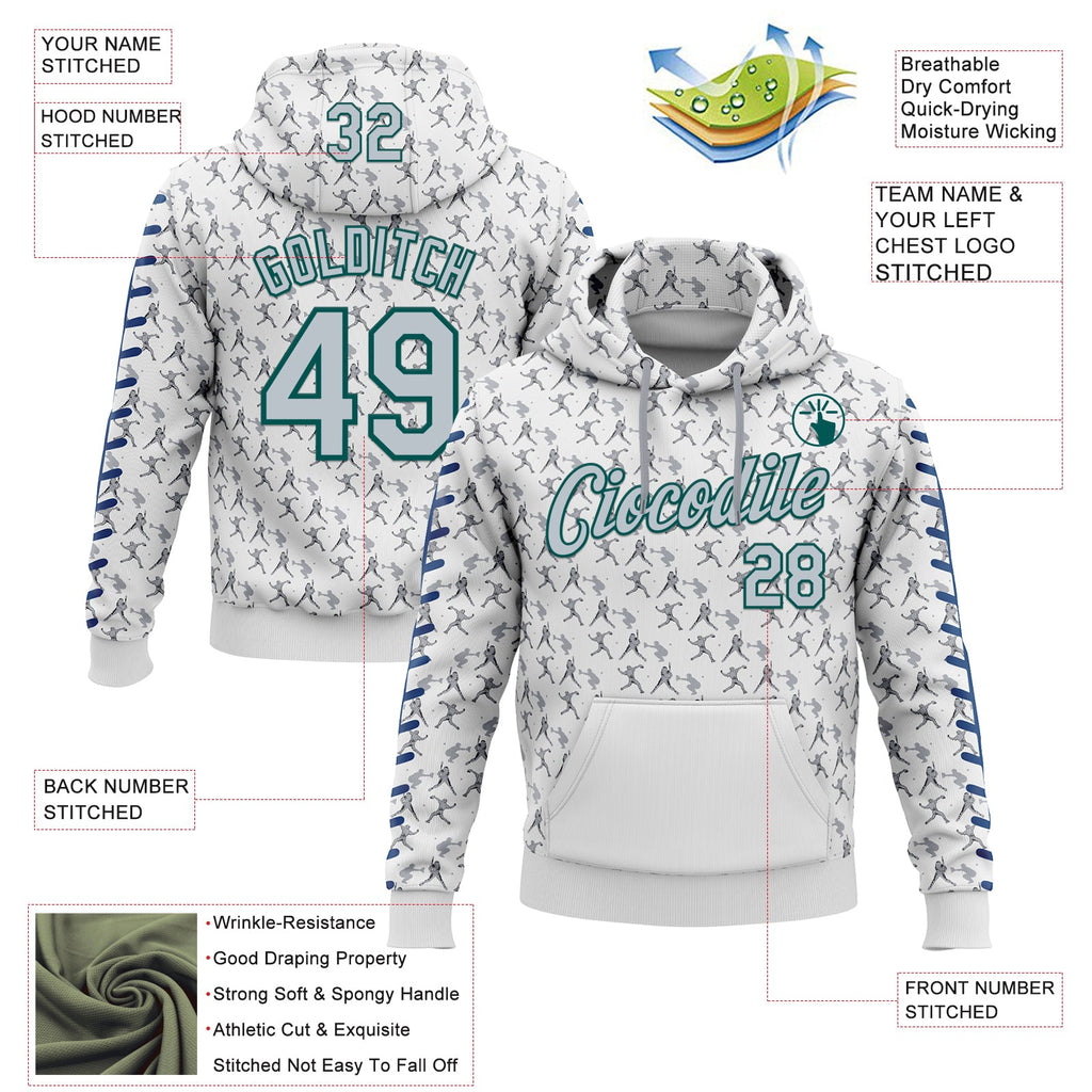 Custom Stitched White Silver Gray Blue-Midnight Green 3D Pattern Design Baseball Game Day Seattle Inspired Sports Pullover Sweatshirt Hoodie