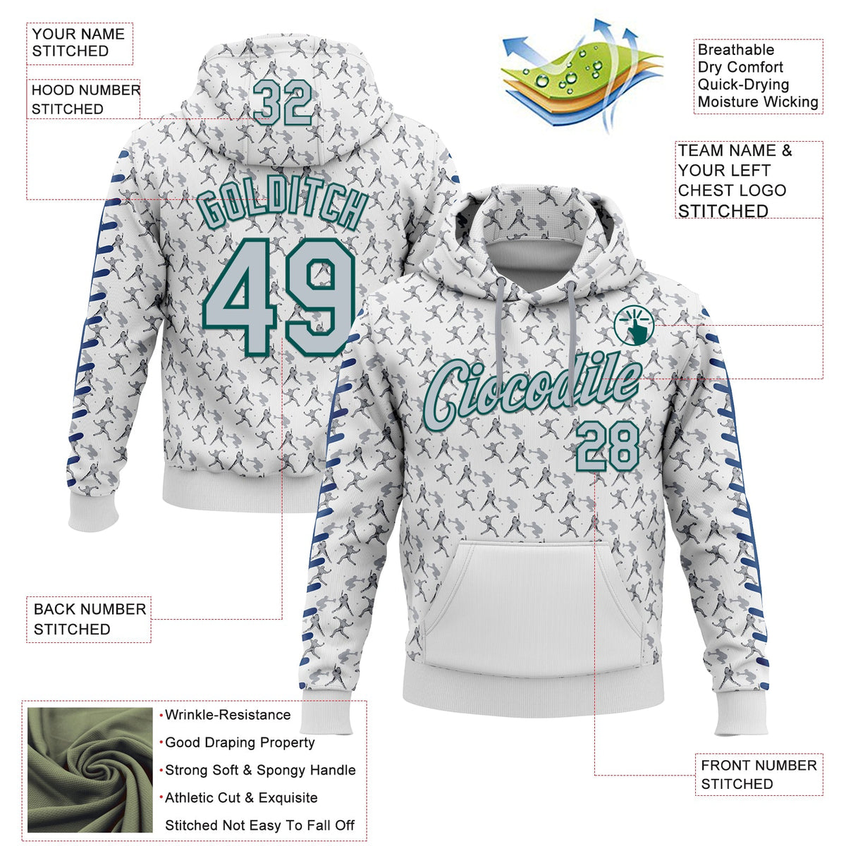 Custom Stitched White Silver Gray Blue-Midnight Green 3D Pattern Design Baseball Game Day Seattle Inspired Sports Pullover Sweatshirt Hoodie
