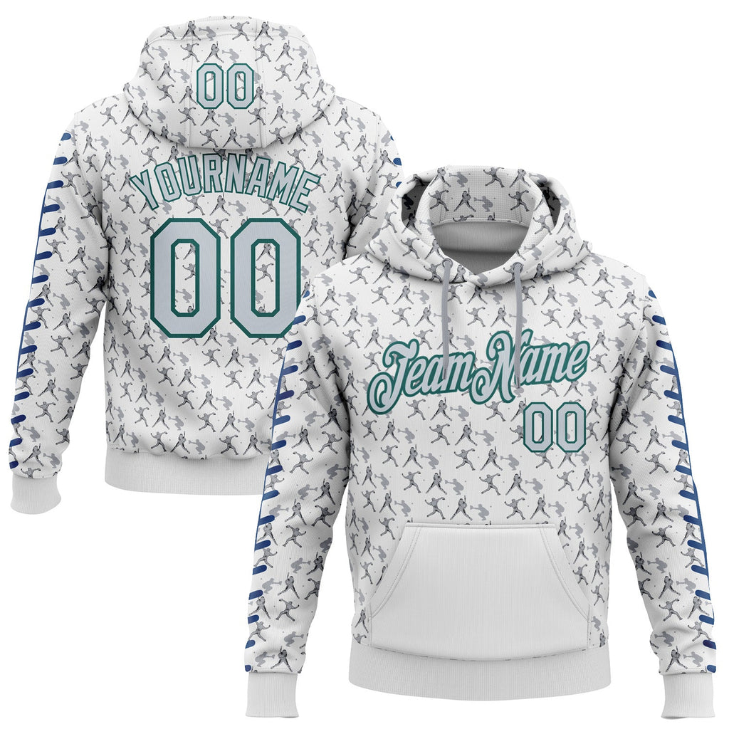 Custom Stitched White Silver Gray Blue-Midnight Green 3D Pattern Design Baseball Game Day Seattle Inspired Sports Pullover Sweatshirt Hoodie