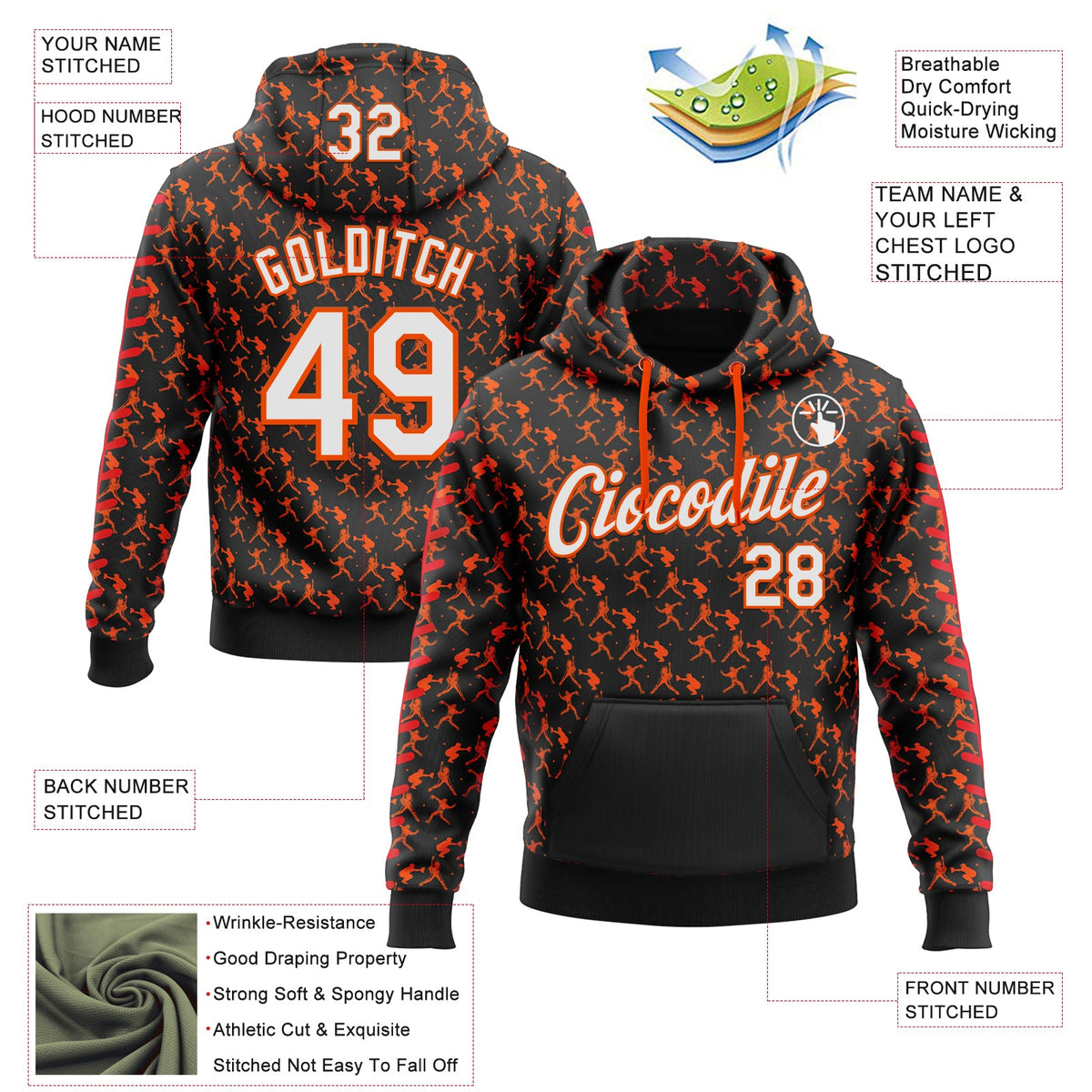 Custom Stitched Black White Orange-Red 3D Pattern Design Baseball Game Day Cincinnati Inspired Sports Pullover Sweatshirt Hoodie