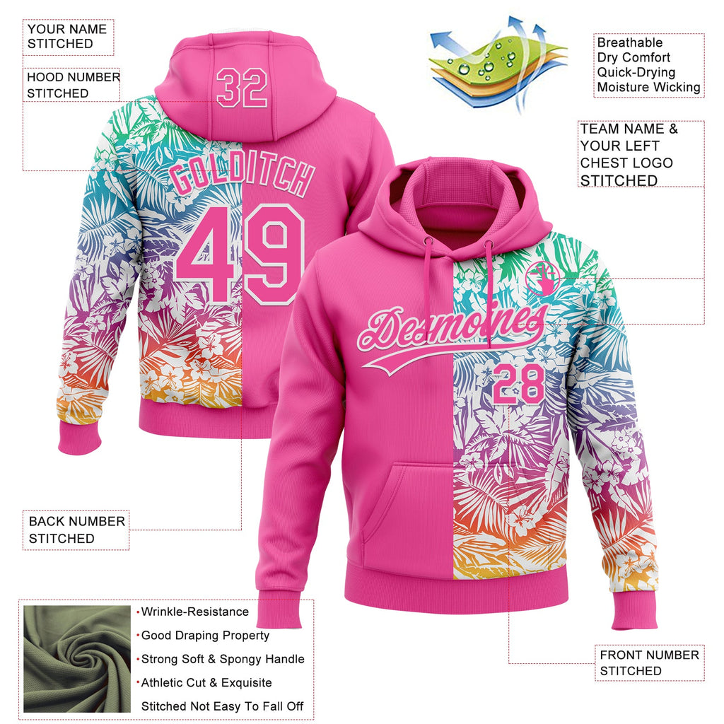 Custom Stitched Pink White 3D Tropical Hawaii Palm Leaves Sports Pullover Sweatshirt Hoodie