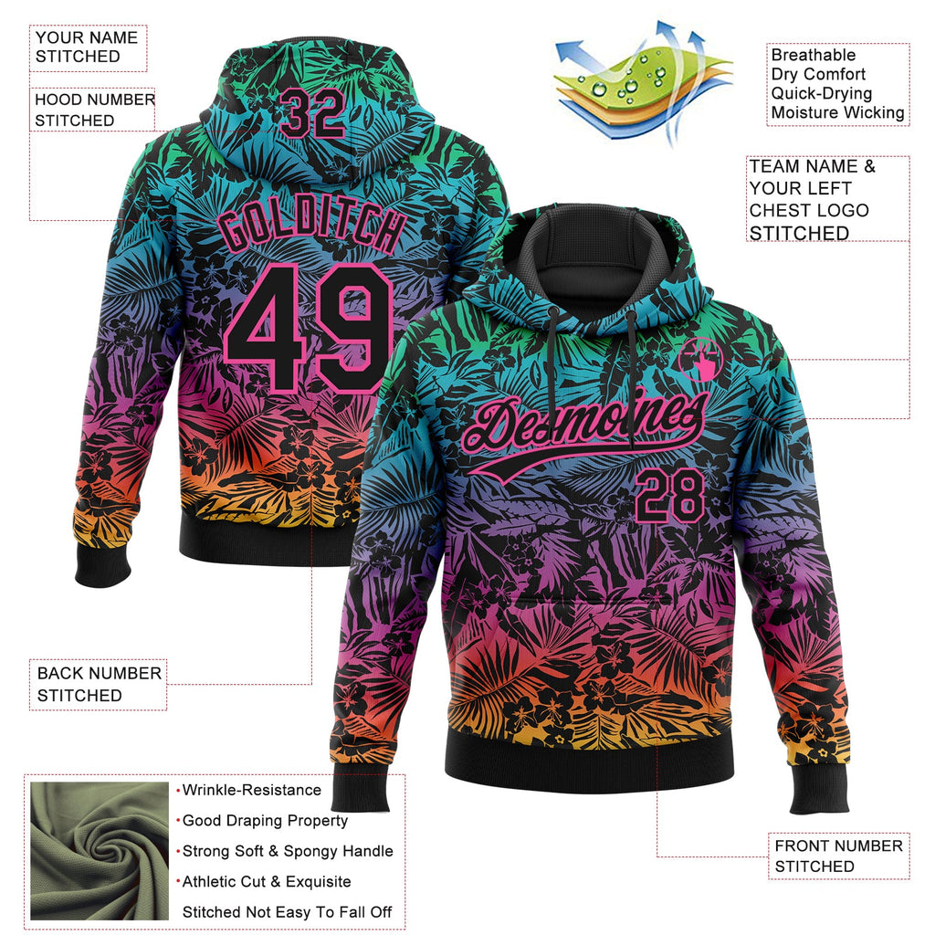 Custom Stitched Black Pink 3D Tropical Hawaii Palm Leaves Sports Pullover Sweatshirt Hoodie