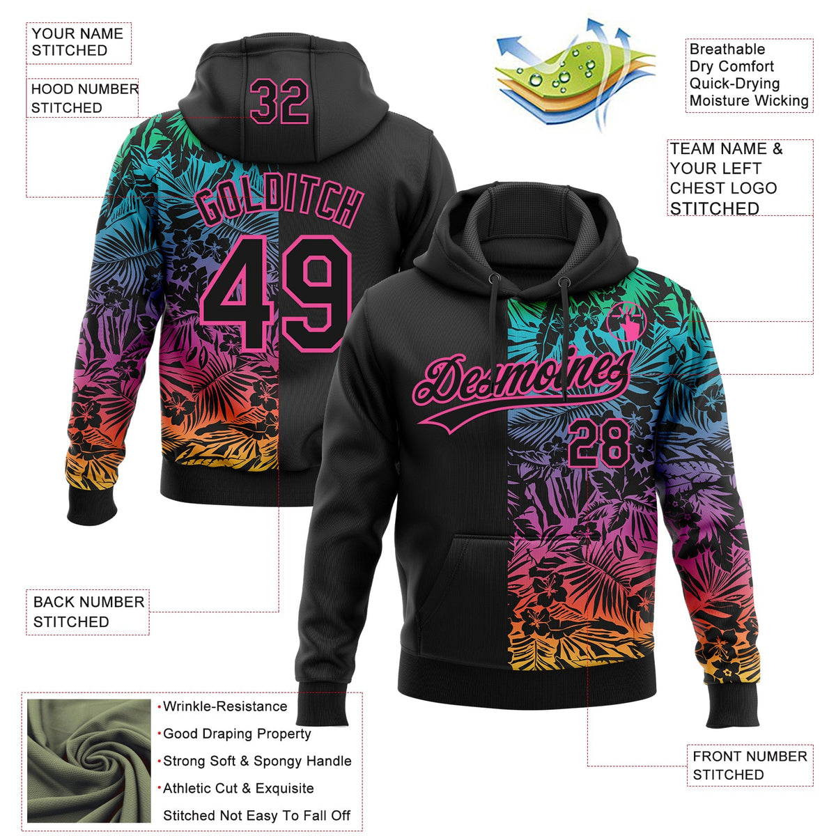 Custom Stitched Black Pink 3D Tropical Hawaii Palm Leaves Sports Pullover Sweatshirt Hoodie