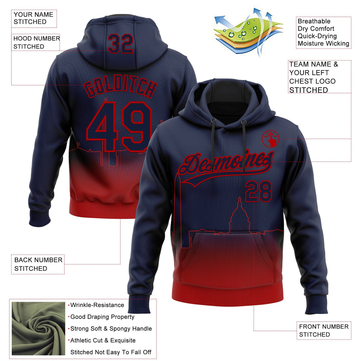 Custom Stitched Navy Red 3D Gradient Fashion Washington City Edition Sports Pullover Sweatshirt Hoodie