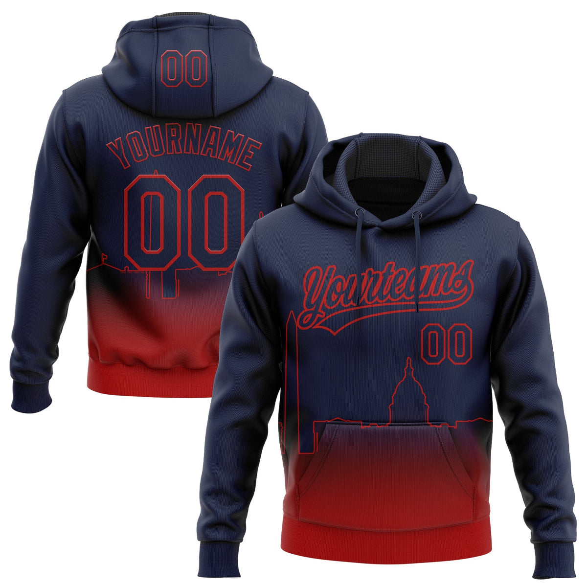 Custom Stitched Navy Red 3D Gradient Fashion Washington City Edition Sports Pullover Sweatshirt Hoodie