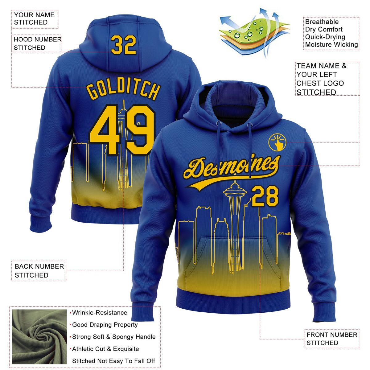 Custom Stitched Royal Yellow-Black 3D Gradient Fashion Seattle City Edition Sports Pullover Sweatshirt Hoodie