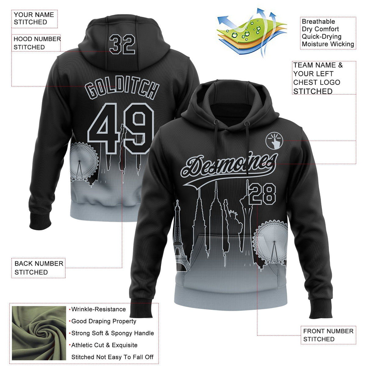 Custom Stitched Black Silver 3D Gradient Fashion Las Vegas City Edition Sports Pullover Sweatshirt Hoodie