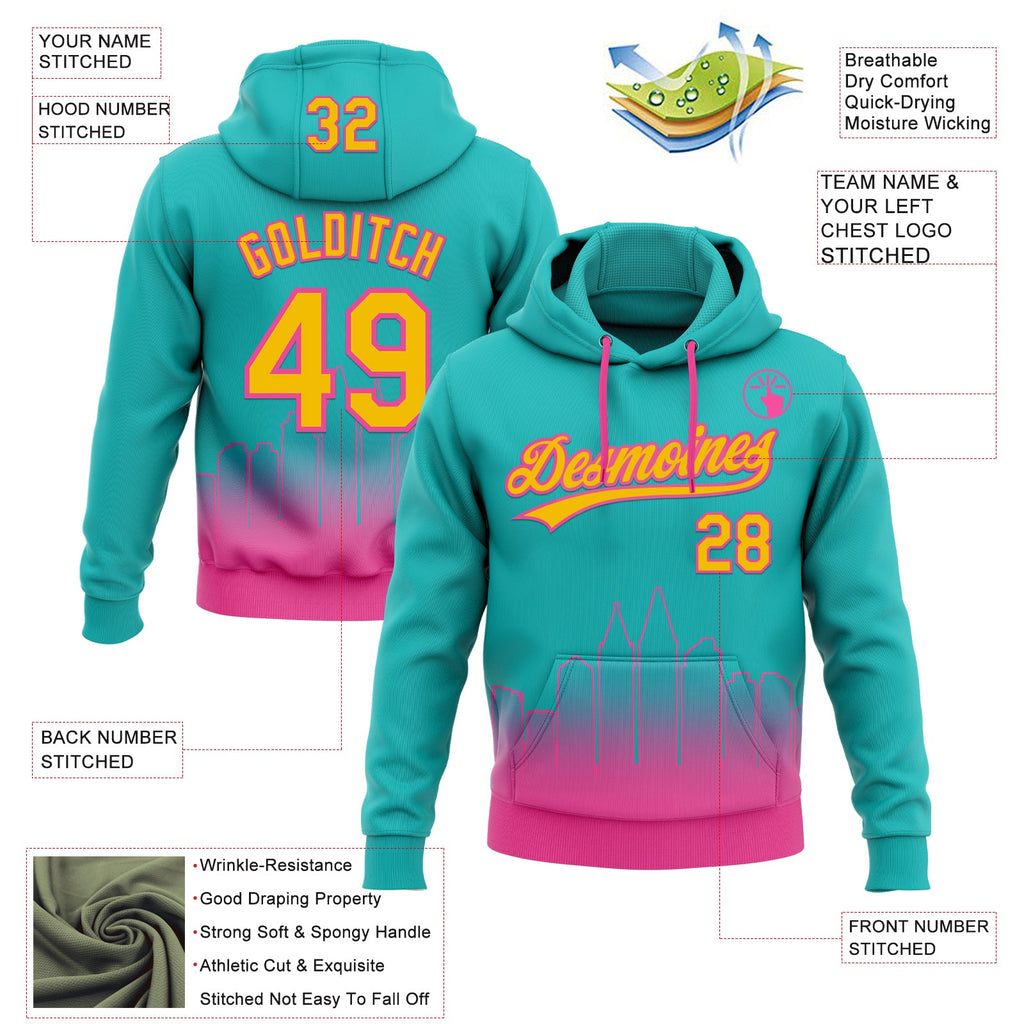 Custom Stitched Aqua Yellow-Pink 3D Gradient Fashion San Diego City Edition Sports Pullover Sweatshirt Hoodie
