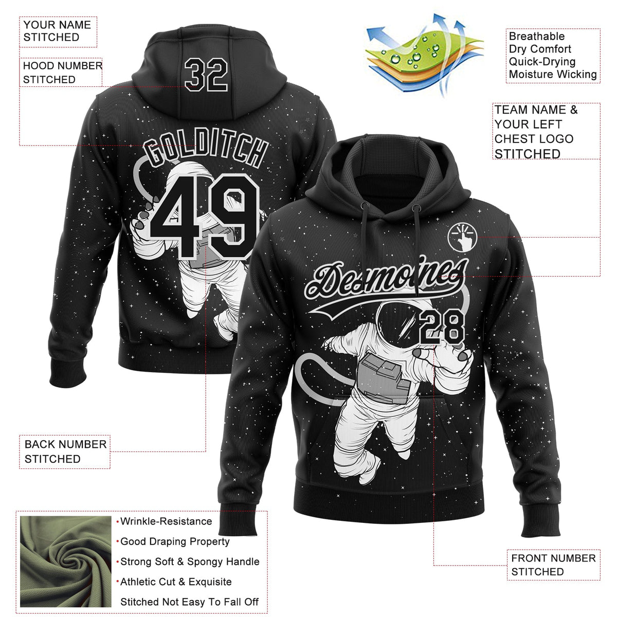Custom Stitched Black White 3D Pattern Design Astronaut Sports Pullover Sweatshirt Hoodie