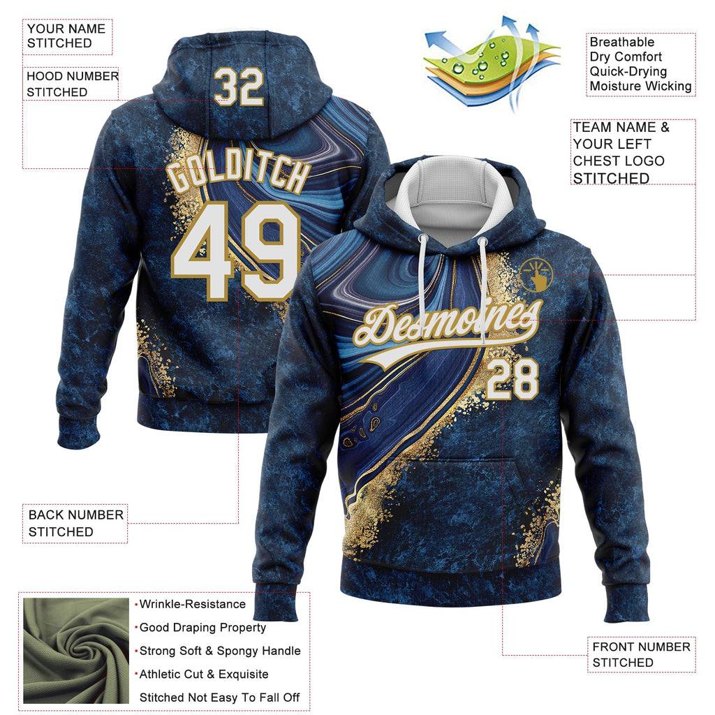 Custom Stitched Navy White-Old Gold 3D Pattern Design Abstract Marble Sports Pullover Sweatshirt Hoodie