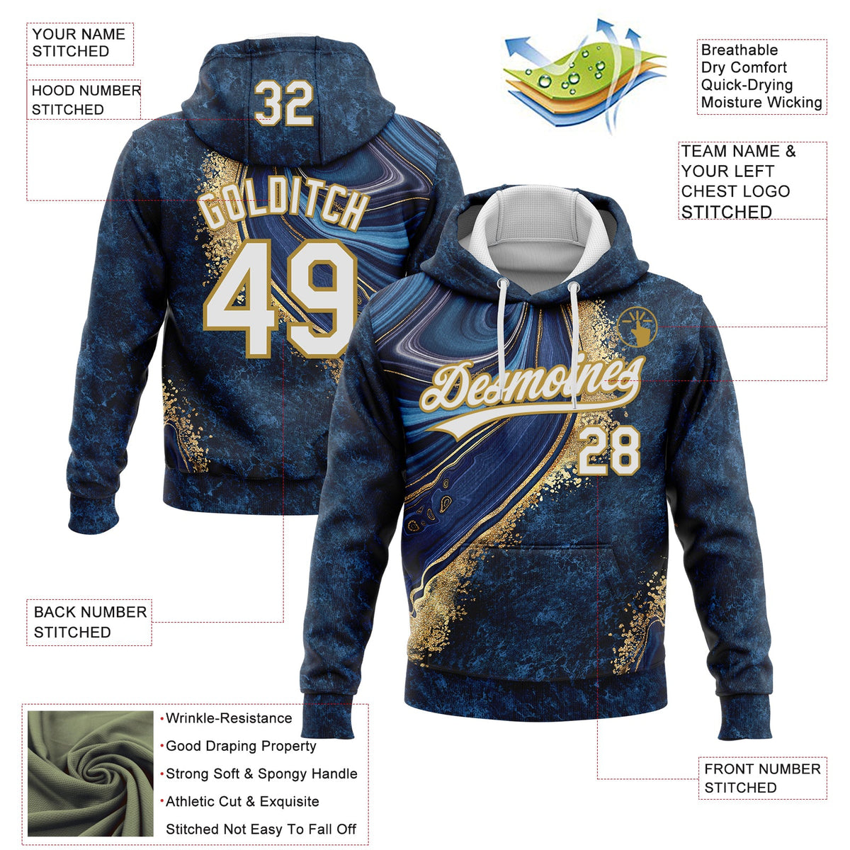Custom Stitched Navy White-Old Gold 3D Pattern Design Abstract Marble Sports Pullover Sweatshirt Hoodie