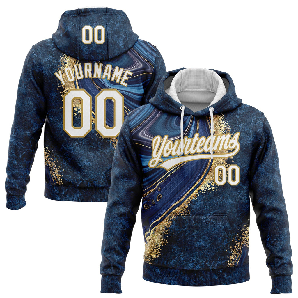 Custom Stitched Navy White-Old Gold 3D Pattern Design Abstract Marble Sports Pullover Sweatshirt Hoodie