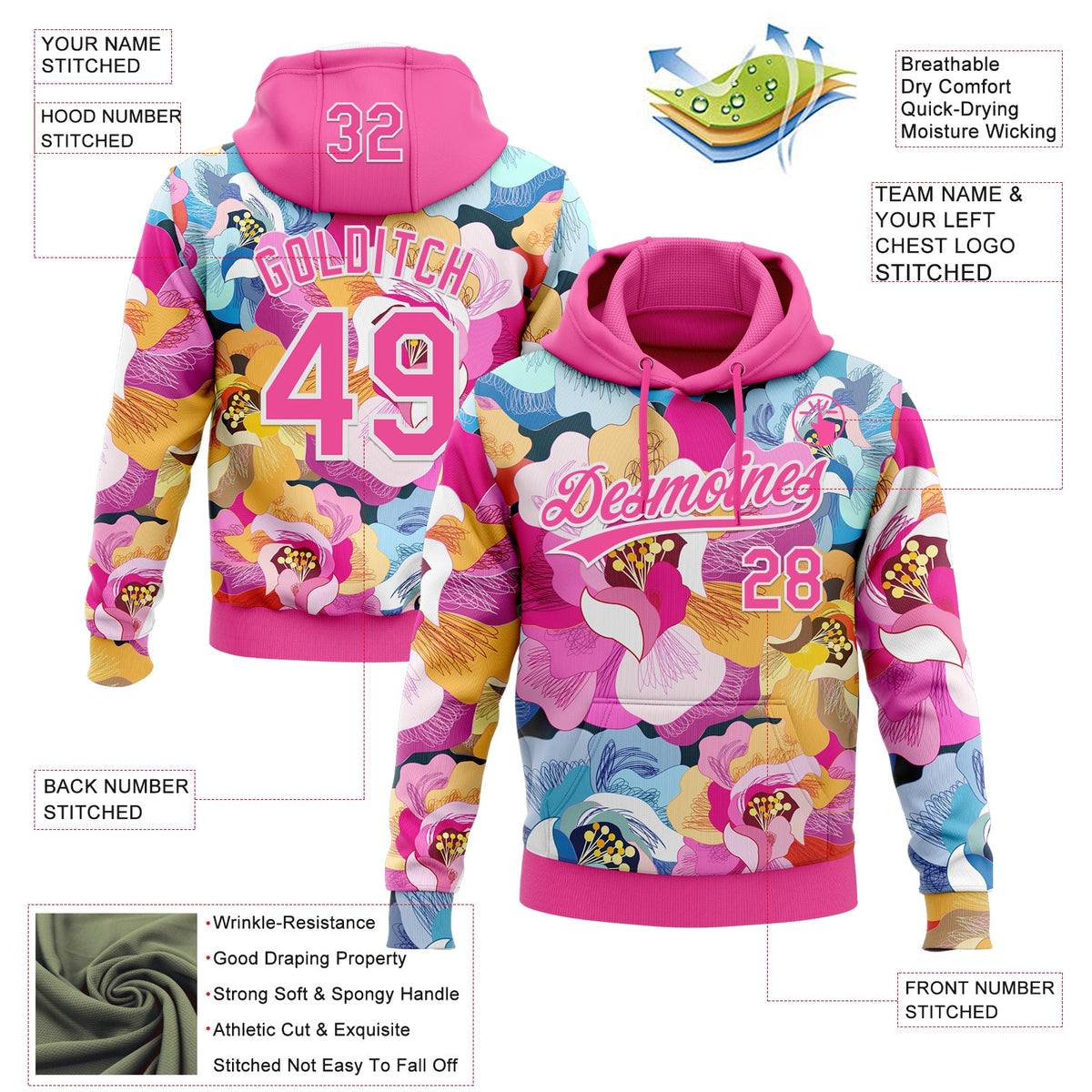 Custom Stitched Pink White 3D Pattern Design Flowers Sports Pullover Sweatshirt Hoodie