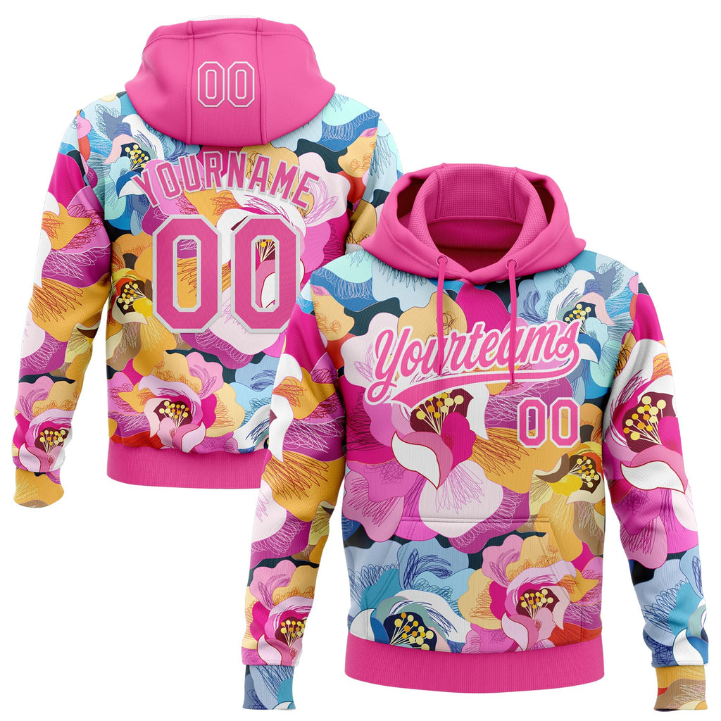 Custom Stitched Pink White 3D Pattern Design Flowers Sports Pullover Sweatshirt Hoodie