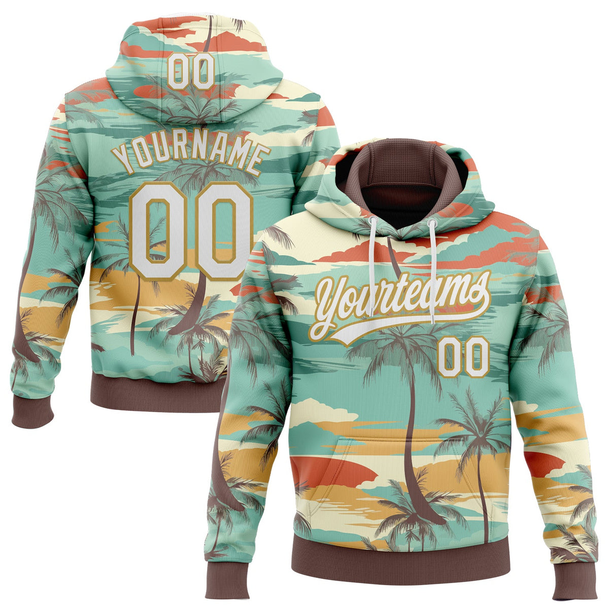 Custom Stitched Green White Brown-Old Gold 3D Cartoon Hawaii Palm Trees Sports Pullover Sweatshirt Hoodie