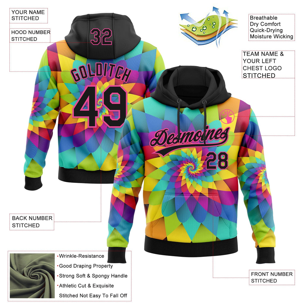 Custom Stitched Rainbow Black-Pink 3D Pattern Design Abstract Sports Pullover Sweatshirt Hoodie