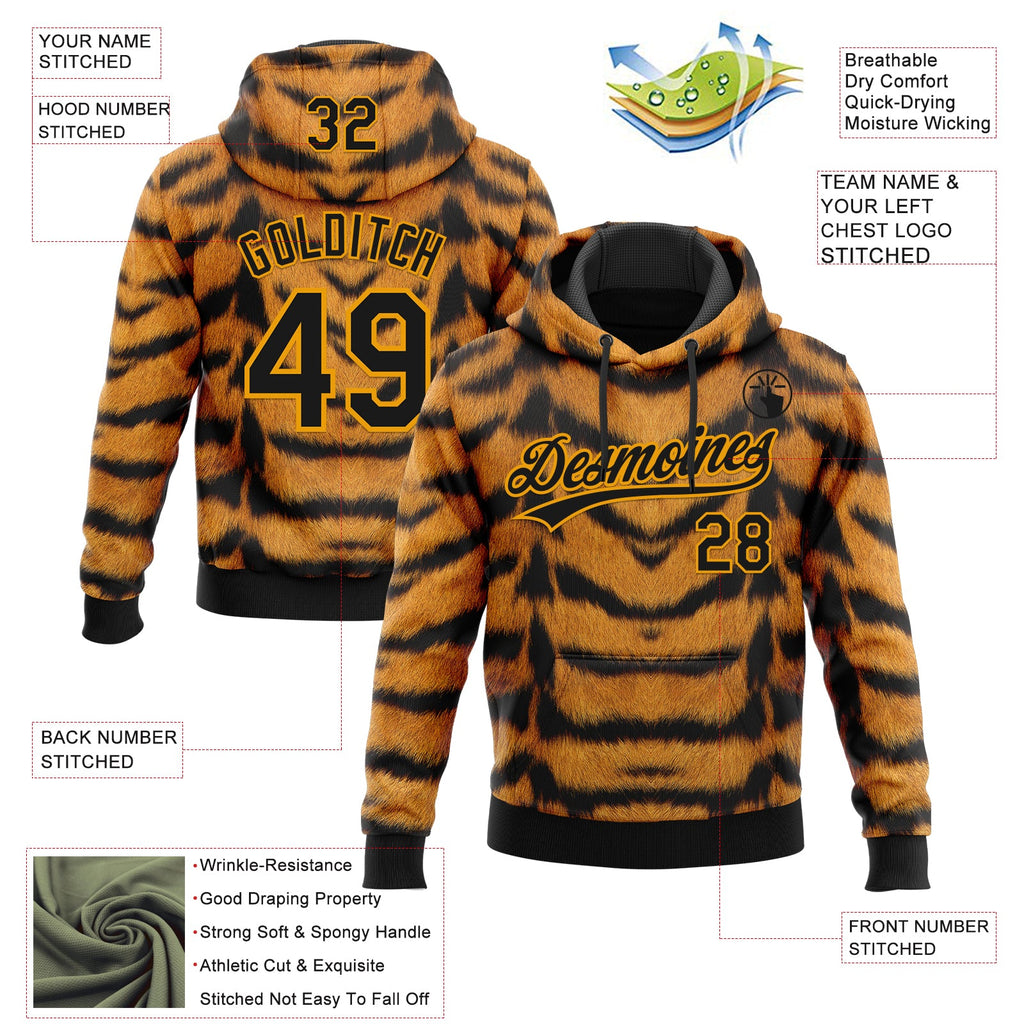 Custom Stitched Brown Black-Gold 3D Pattern Design Tiger Print Sports Pullover Sweatshirt Hoodie