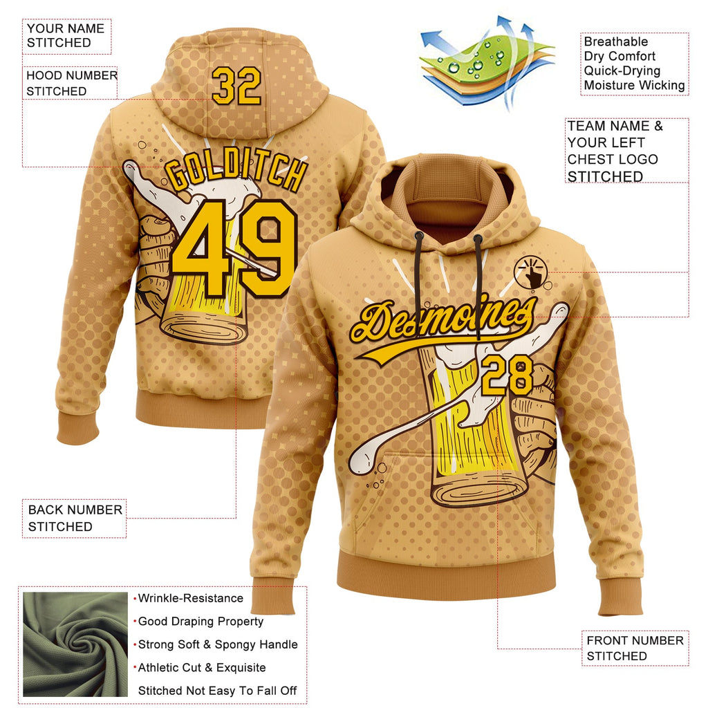 Custom Stitched Brown Yellow-Black 3D Pattern Design Let's Drink Beer Festival Sports Pullover Sweatshirt Hoodie