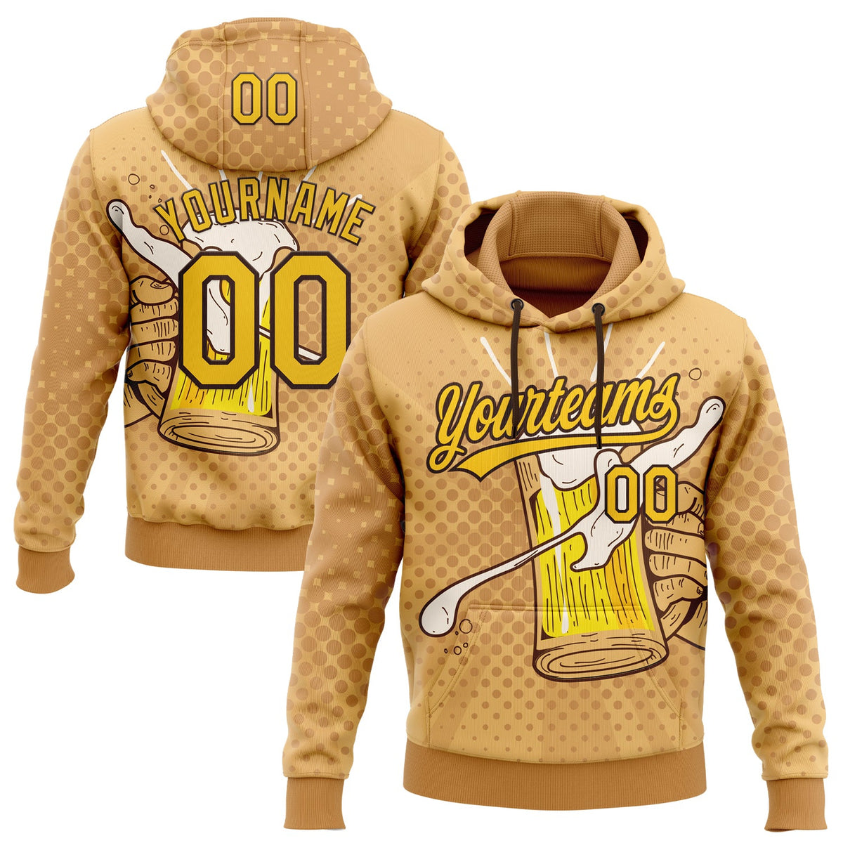 Custom Stitched Brown Yellow-Black 3D Pattern Design Let's Drink Beer Festival Sports Pullover Sweatshirt Hoodie