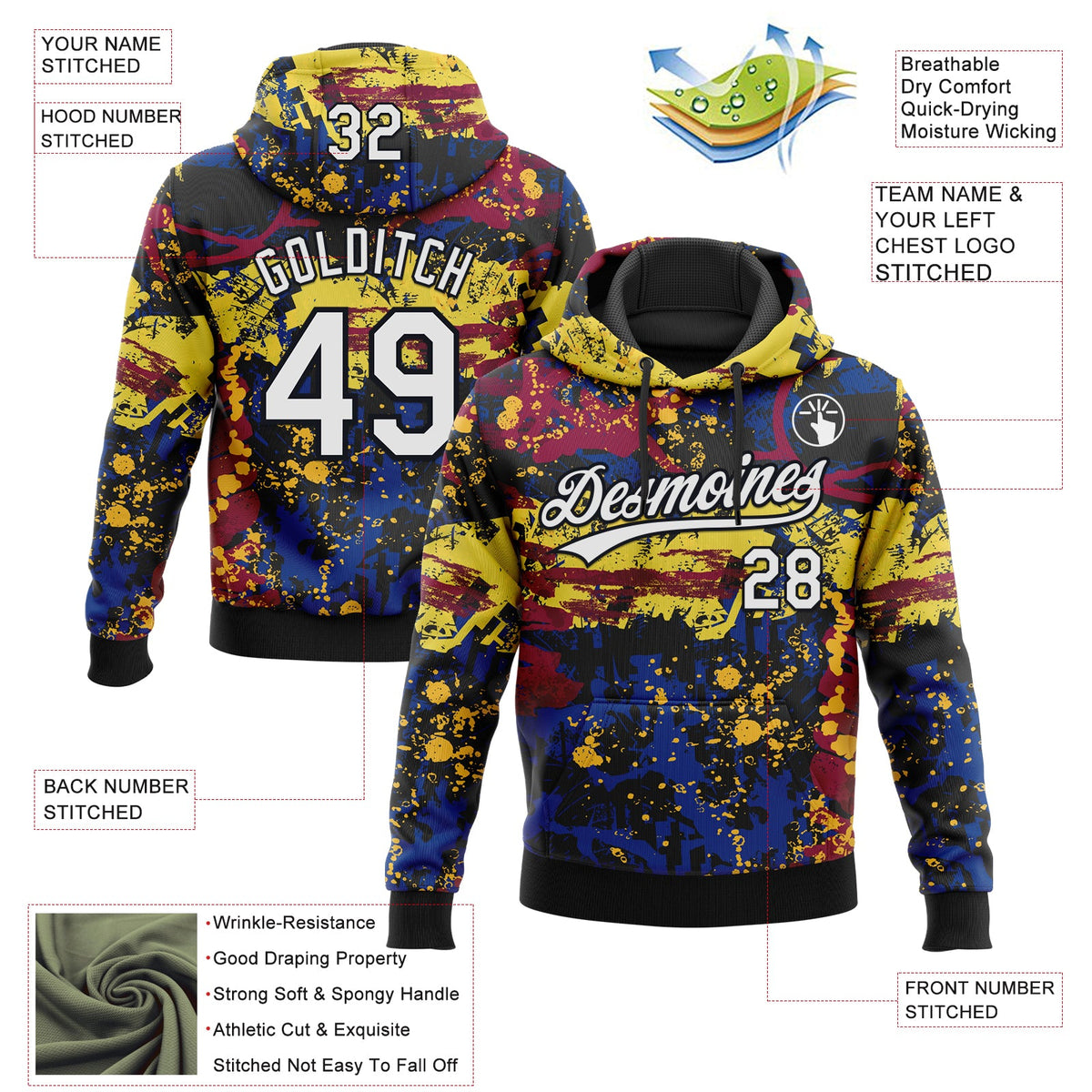 Custom Stitched Graffiti Pattern White-Black 3D Abstract Splatter Sports Pullover Sweatshirt Hoodie