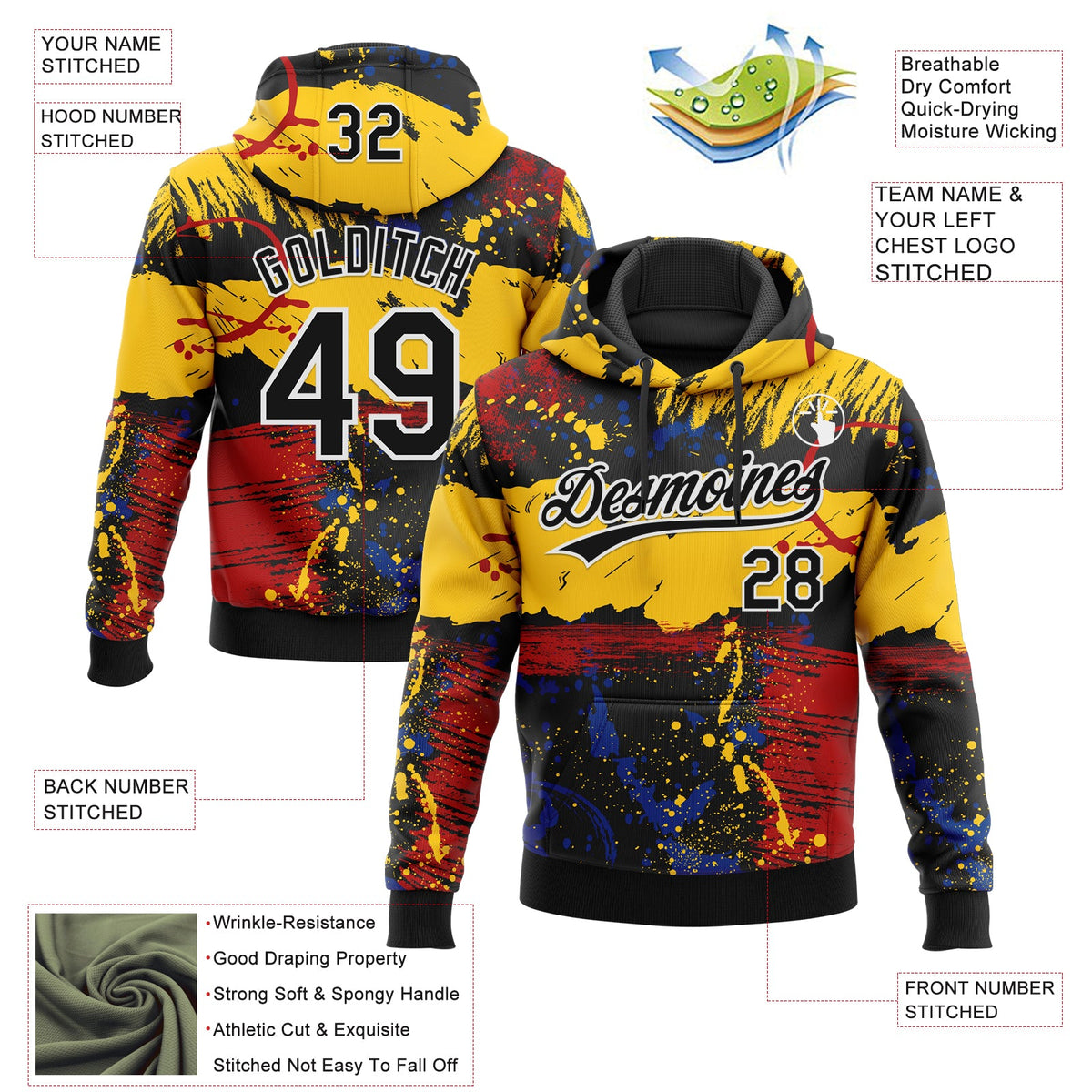 Custom Stitched Graffiti Pattern Black-White 3D Abstract Splatter Sports Pullover Sweatshirt Hoodie