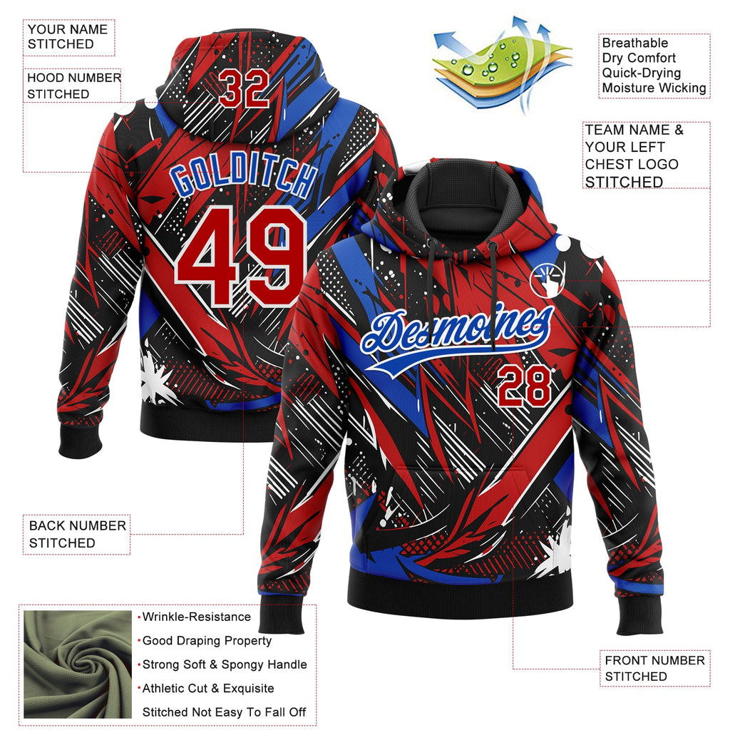 Custom Stitched Graffiti Pattern Red Thunder Blue-White 3D Abstract Splatter Sports Pullover Sweatshirt Hoodie