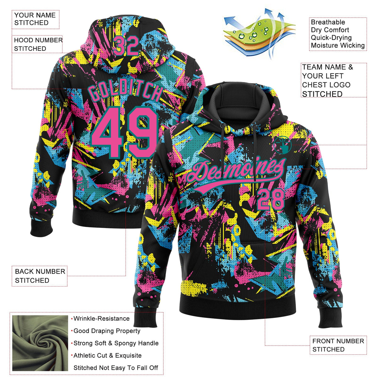 Custom Stitched Graffiti Pattern Pink-Teal 3D Abstract Splatter Sports Pullover Sweatshirt Hoodie