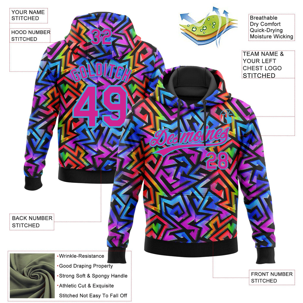 Custom Stitched Graffiti Pattern Hot Pink-Sky Blue 3D Abstract Geometric Sports Pullover Sweatshirt Hoodie