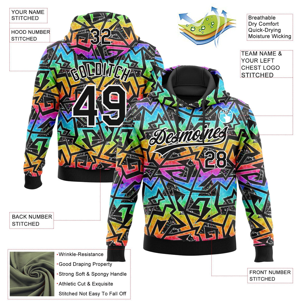 Custom Stitched Graffiti Pattern Black-White 3D Abstract Geometric Sports Pullover Sweatshirt Hoodie