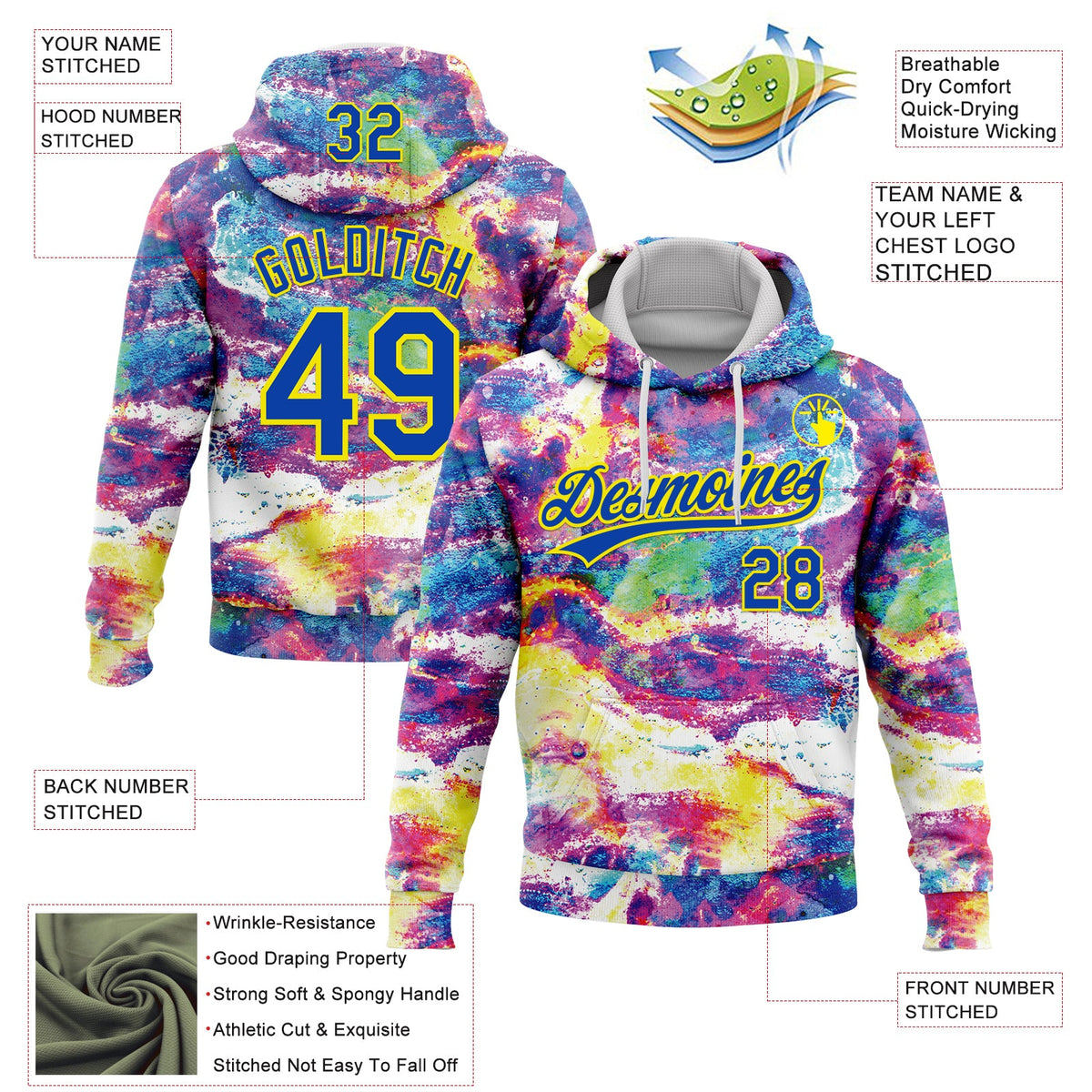 Custom Stitched Graffiti Pattern Thunder Blue-Light Yellow 3D Abstract Splatter Sports Pullover Sweatshirt Hoodie