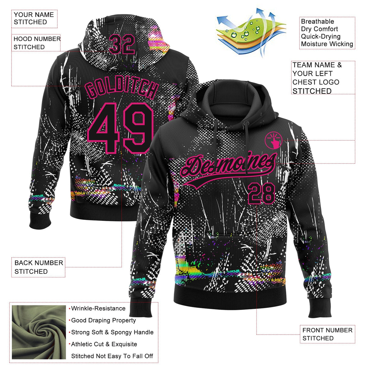 Custom Stitched Black Hot Pink 3D Pattern Design Abstract Neon Street Style Sports Pullover Sweatshirt Hoodie