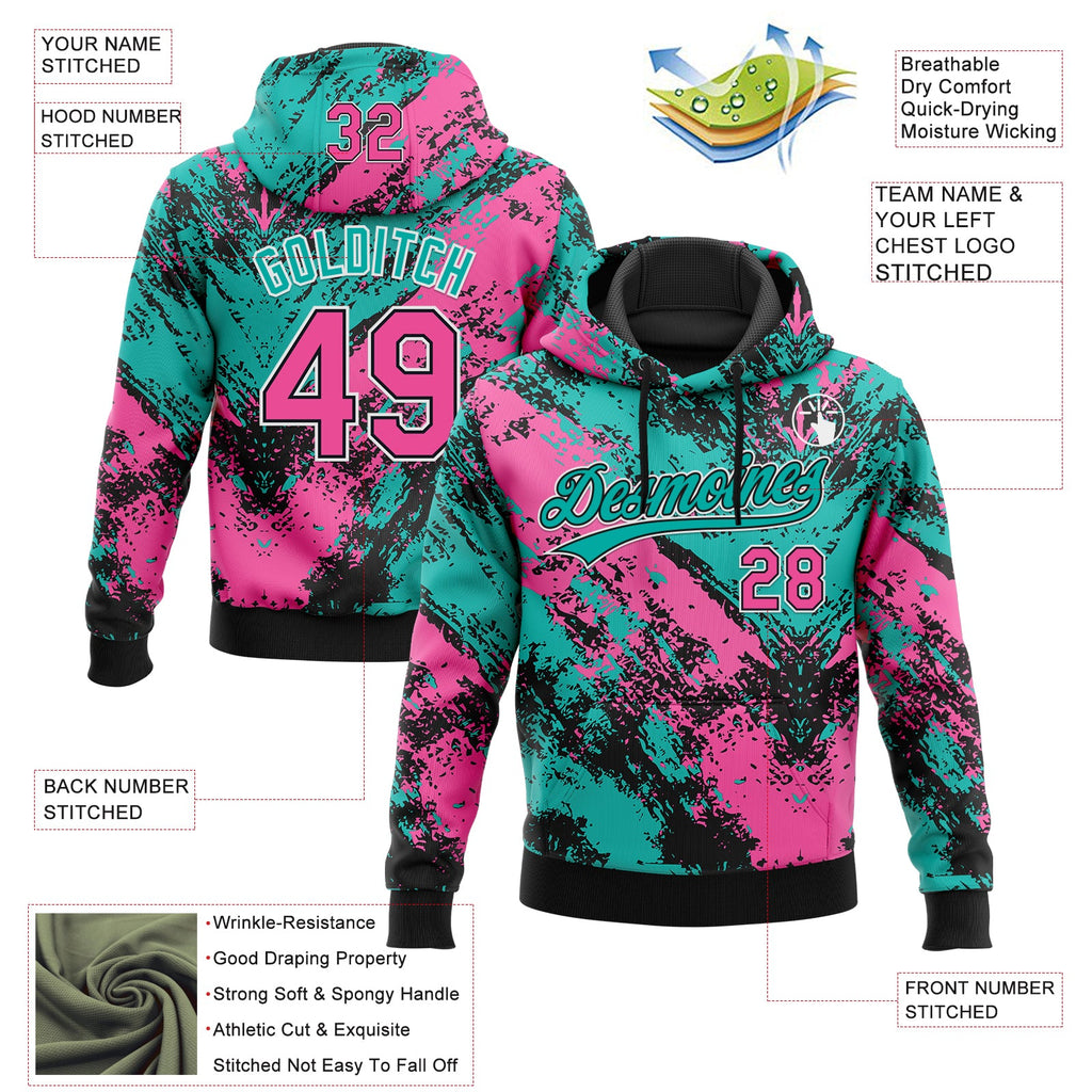 Custom Stitched Black Pink Aqua-White 3D Pattern Design Abstract Splatter Sports Pullover Sweatshirt Hoodie