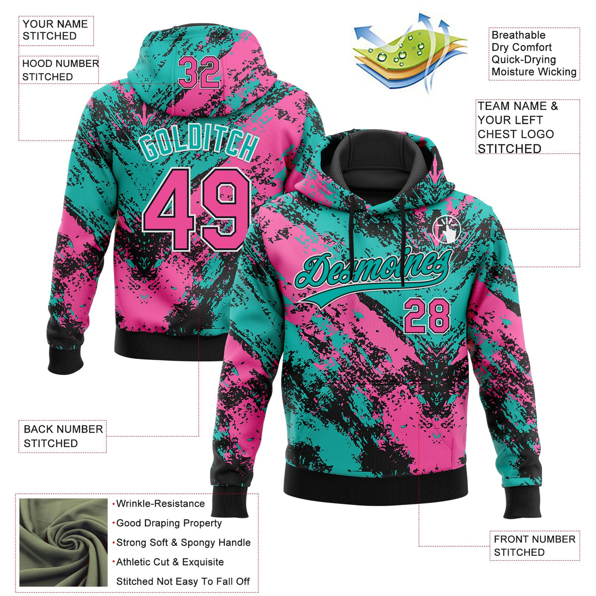 Custom Stitched Black Pink Aqua-White 3D Pattern Design Abstract Splatter Sports Pullover Sweatshirt Hoodie