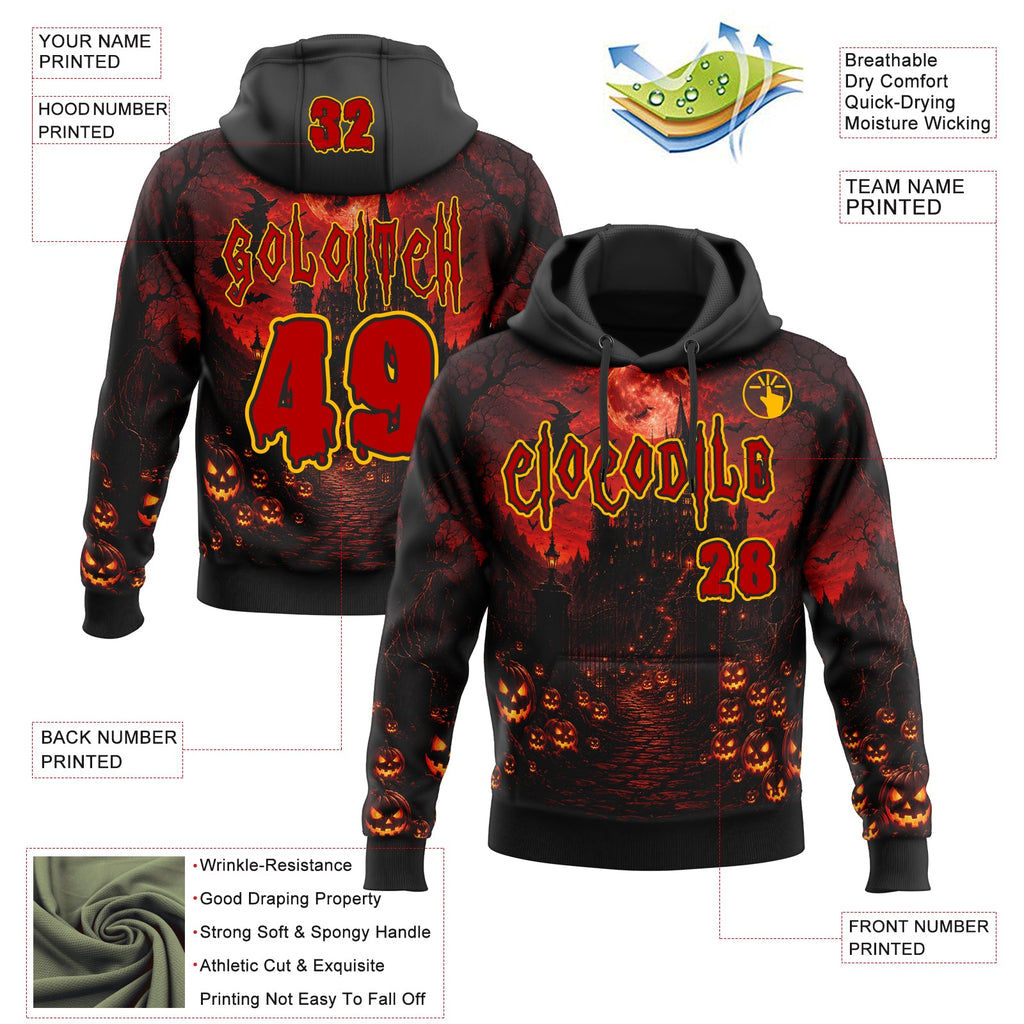 Custom Black Red-Gold Halloween Spooky Pumpkins Pullover Sweatshirt Hoodie