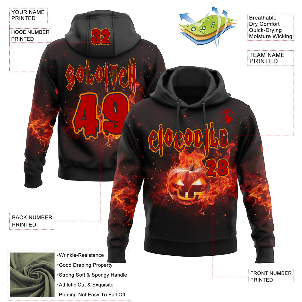 Custom Black Red-Bay Orange Halloween Flaming Pumpkins Pullover Sweatshirt Hoodie