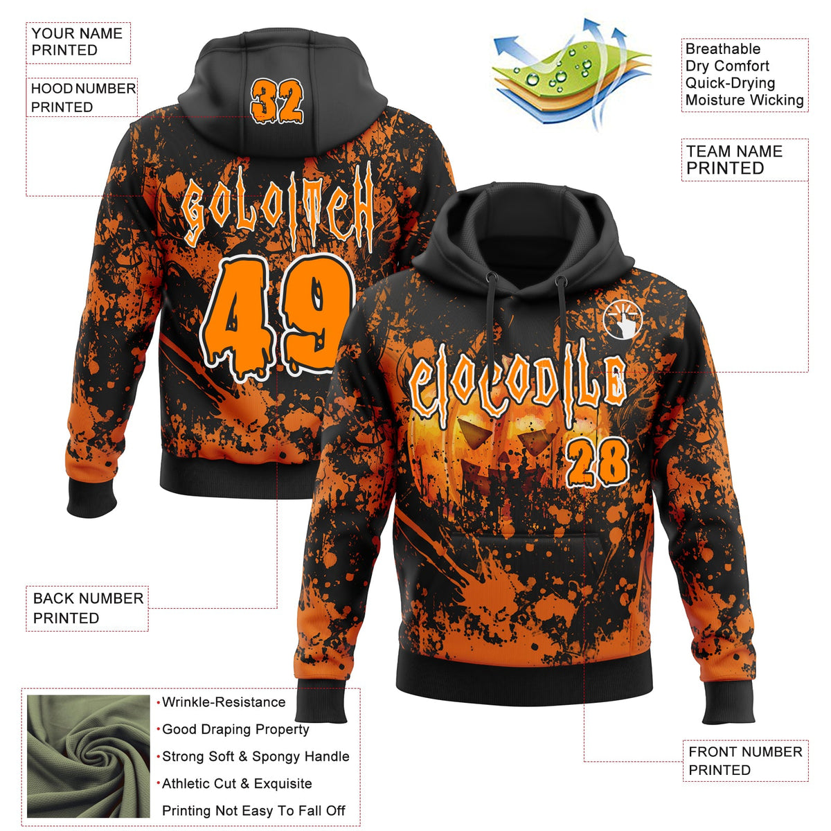 Custom Black Bay Orange-White Halloween Pumpkins Splatter Pullover Sweatshirt Hoodie