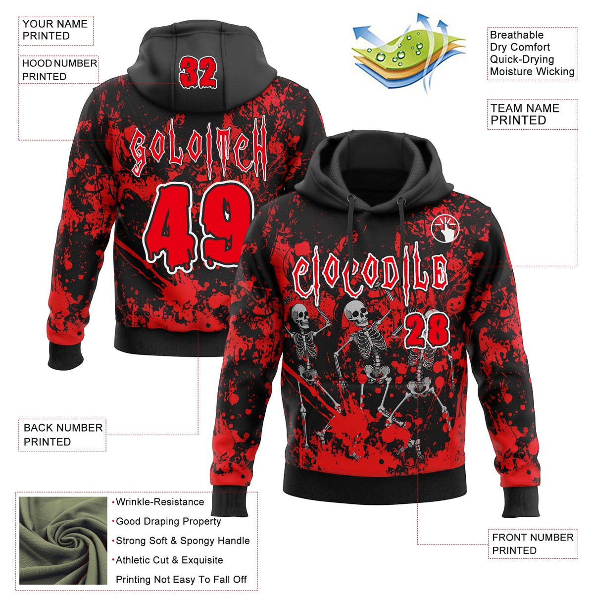 Custom Black Fire Red-White Spooky Halloween Skeleton Splatter Pullover Sweatshirt Hoodie